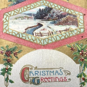Postal de Navidad victoriana sobre el río y a través del bosque con pájaros y acebo - Imagen 1 de 8