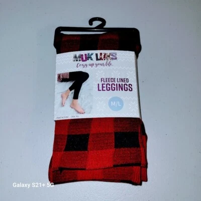 BRAND NEW MUK LUKS WOMEN’S FLEECE LINED LEGGING SIZE M/L RED/BLK PLAID - Image 1 of 4