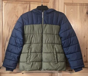 Wonder Nation Puffer Hooded Zipper Front Jacket Size L 10-12 Navy & Olive Boys - Picture 1 of 3