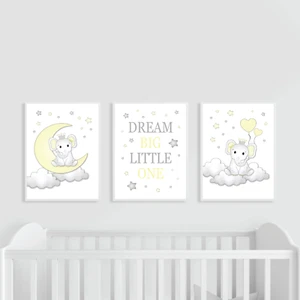 Elephant Nursery Prints, Set of 3, Yellow and Grey, Dream Big, Baby Girl Moon - Picture 1 of 8
