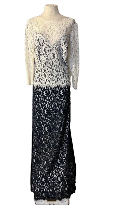Tadashi Shoji Long Sleeve Maxi Dress 16 Blue Ivory Formal Cruise Wedding Party - Image 1 of 4