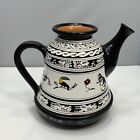 VINTAGE COSTA RICA TEA POT HAND PAINTED BLACK & WHITE ON RED CLAY TRIBAL ANIMALS