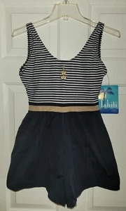 NWT Vtg. Tahiti Nautical Swim Romper Swimsuit Stripe Padded Sz. 11/12 Blue Gold - Picture 1 of 10