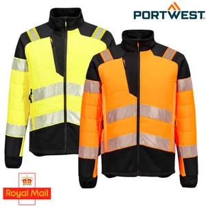 Portwest PW3 Hi-Vis Hybrid Baffle Jacket Water Resistant Padded Warm Safety Coat - Picture 1 of 11