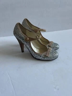 Miu Miu Women Silver Glitter Sparkle Mary Jane With Bows Shoes SZ 6.5 - Image 1 of 4