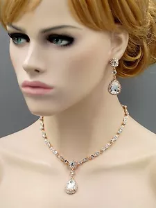 ROSEVERGOLDET Klar Kristall Halskette Anhänger Ohrringe Hochzeit Schmuck Set 496 - Bild 1 von 5