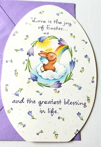 Tarjeta de Pascua de colección lindo conejito de oración flores arco iris nube amor es la alegría - Imagen 1 de 3