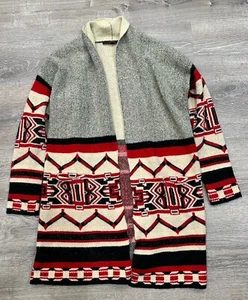 Maxsport Pullover Damen mittelgrau rot Acryl Azteken Boho Tunika Cardigan - Bild 1 von 20