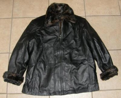 Black Sz XL Faux Fur Trim 100% Genuine Soft Leather Jacket / Coat KATHY IRELAND - Image 1 of 4