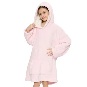 Kids Girls Super Soft Warm Fleece Oversized Hoodie Baby Pink Snuggle Blanket - Picture 1 of 6