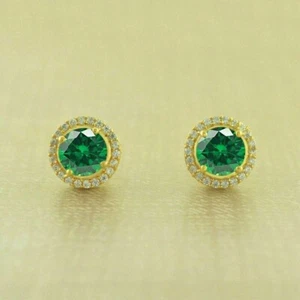 2.30 Ct Round Cut Lab-Created Emerald Halo Stud Earring 14k Yellow Gold Plated - Picture 1 of 5