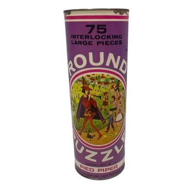 Vintage 1970s Pied Piper 12" HG Toys Round Puzzle in Metal Tube Missing 1 Piece - Image 1 of 4
