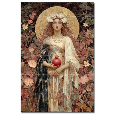 PERSEPHONE AND POMEGRANATE ART PRINT, Spring Greek Goddess Decor, Gothic Poster - Image 1 of 2