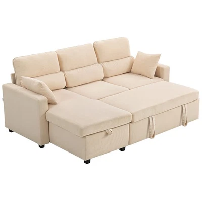 HOMCOM Divano Letto a L con Contenitore e 2 Cuscini in Velluto a Coste Beige - Immagine 1 di 4