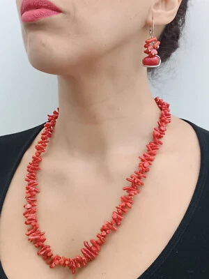 collana orecchini donna parure naturale corallo Sardegna rosso naturale argento - Immagine 1 di 4