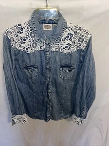 Rod’s Western Shirt Womens Size XL Blue White Lace Rodeo Missing 2 Snaps - Picture 1 of 13