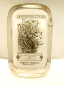 ANTIQUE PARCHED ROLLED OATS QUAIL BRAND GLASS PAPERWEIGHT NEBRASKA CEREAL MILLS - Picture 1 of 7