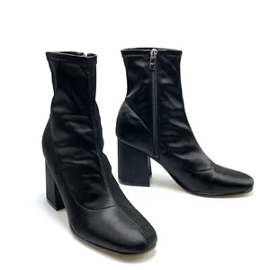 Marc Fisher Icela schwarze Satin-Booties rund geschnitten Größe 8M Blockabsatz seitlicher Reißverschluss tailliert - Bild 1 von 10