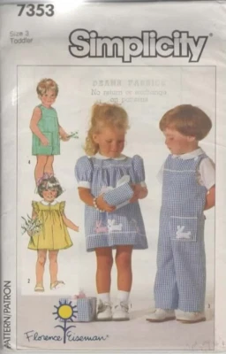 Cut Sewing Pattern 7353 toddler dress collar overalls shortalls applique size 3 - image 1 of 2