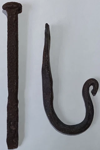 Antique / Vintage Hand-Crafted Hand Forged Iron Metal 6" Nail / Spike + "J" Hook Cover