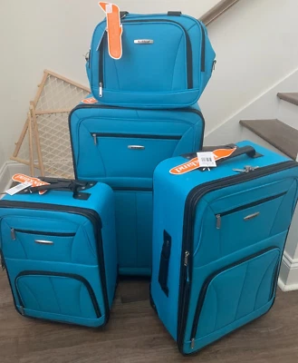 Rockland 4 Piece Luggage Set Expandable Softside 28" 24" 20" 14" Turquoise - Image 1 of 4