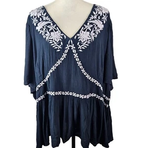 Knox Rose Women's Plus Size 4X Navy Blue Embroidered Boho Tunic Top Casual - Picture 1 of 10