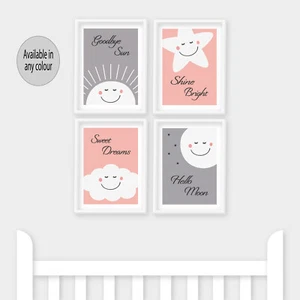 Nursery Prints Goodbye Sun Hello Moon Star Kids Bedroom Baby Room Decor Peach - Imagen 1 de 7