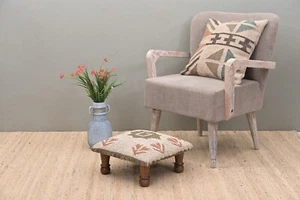 Handcrafted Acacia Wooden Footstool | Low Kilim Upholstered Footstool Ottoman | - Picture 1 of 5