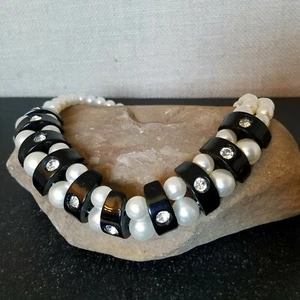Collar de cuentas de perlas de lucita y diamantes de imitación blanco negro de alta costura Giuliano Fratti 16" - Imagen 1 de 12