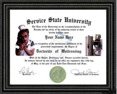 Waitress Lover's Doctorate Diploma / Degree Custom made and Designed for YOU - Image 1 of 2