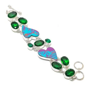 Calsilica, Peridot Gemstone 925 Sterling Silver Bracelet 7-8" q934 - Picture 1 of 6