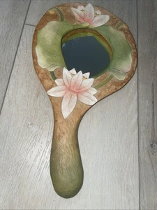 Vintage Lotusblume Hand Kosmetikspiegel Handarbeit geschnitzt erhöhter Holzrahmen - Bild 1 von 8