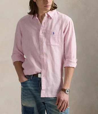$138 Polo Ralph Lauren Men’s Classic Fit Striped 100% Linen Shirt Pink Size M - Image 1 of 4