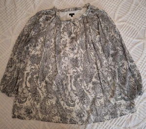 Talbots Plus Womens 3X Black White Paisley Chiffon Boho 3/4 Sleeve Blouse - Picture 1 of 8