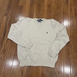 Vintage Polo Ralph Lauren Herren Large V Neck Pullover Elfenbein Creme 100% Lammwolle - Bild 1 von 7