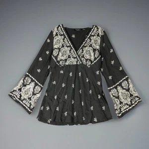 Seidenbluse Damen M Glockenärmel Vintage NY City Design Co 100% Seide Boho Blumen - Bild 1 von 9