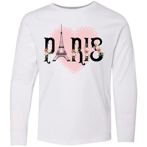 Inktastic Paris Pink Heart Eiffel Tower With Flowers Youth Long Sleeve T-Shirt - Picture 1 of 2
