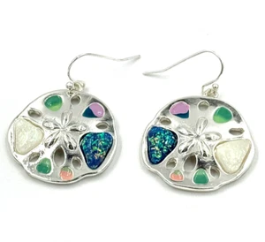 Sand Dollar Dangle Earrings with Colorful Sea Glass Silver - Picture 1 of 7
