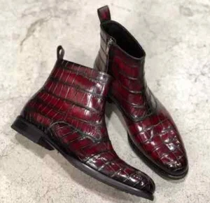 Handmade Mens Burgundy Alligator Text Leather Side Zip Dress Ankle Boots For Men - Picture 1 of 7