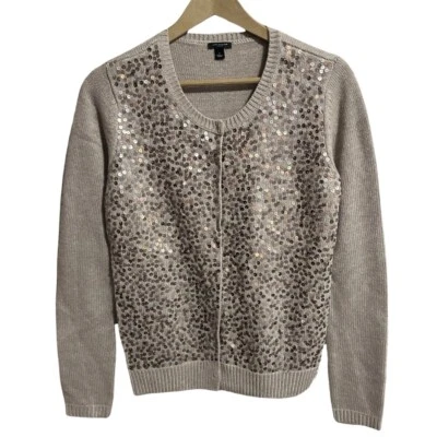 Ann Taylor Sequin Front Angora Cardigan Size M Taupe Wool Blend Snap Front NEW - Image 1 of 4
