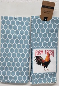 2 Bedruckte dünne Baumwolle Küchentücher (15"x25") BAUERNHOF FRISCH HAHN AUF WABEN, HC - Bild 1 von 13