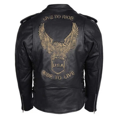 Mens Eagle Embossed Live To Ride- Ride To Live Classic Leather Motorcycle Jacket Foto 1 de 4
