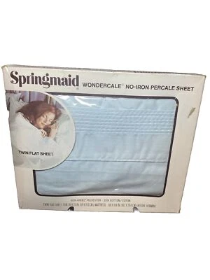 VTG Springmaid Wondercale No Iron Twin Sheet Flat Fitted Baby Blue NIB - Image 1 of 4