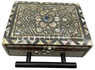 Vintage Mother Of Pearl & Wood Inlay Box Bag With Black Handle - Image 1 of 4