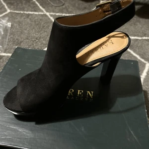 LAUREN by Ralph Lauren Black Seleste Peep Toe Leather Sandals Size 6.5B NWB - Picture 1 of 7