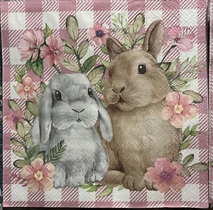 TWO Paper LUNCHEON Decoupage Art Craft Napkins - EASTER BUNNY RABBit -Pink Plaid - Picture 1 of 4