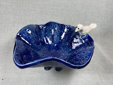 Handmade Pottery Studio Art Blue Trinket Bowl with Perched Bird Unique 