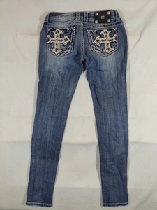 Jeans Miss Me donna 27 skinny impreziosito incrociato vita bassa denim invecchiato blu - Foto 1 di 11
