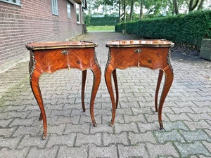 Tables (2pcs) Night Stands Antique French 1840-1860 Marquetry Fruitwood Damask - Picture 1 of 21