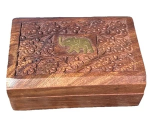 Brass Elephant Inlaid on a Decorative Hand Carved Wooden Box - Picture 1 of 3